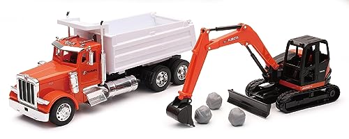 Peterbilt Dump Truck Orange and White and Kubota KX080-4 Excavator Orange and Black with Rocks 1/32 Diecast Model by New Ray