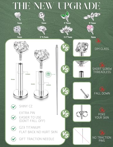 CLMJHG G23 Titan Labret-Piercing-Schmuck, Tragus-Ohrstecker mit Innengewinde, Flache Rückseite, Nasenstecker, Lippensteg, hypoallergen, Helix, Knorpel, Muschel, Medusa-Piercing-Schmuck, 16 G, 6/8 mm