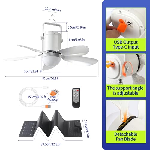 Image of Solar Ceiling Fan with Light, 21600mAh Rechargeable Battery, 23W Foldable Solar Panel, DC Brushless Quiet Fan, 3 Installation Ways, for Gazebo, Patio, Camping Tent, Garage, RV, Emergency Use