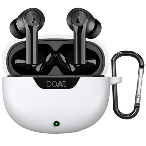 Image of Sounce Earphone Case Cover for Boat Airdopes 300 Premium TWS Soft Silicone Skin Case Cover Shock Absorbing Protective Case with Keychain [Front LED Visible] - White