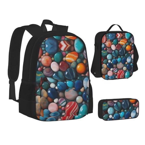 Colored Marble 3-Piece Set Backpack, Lunch Bag, And Pencil Case, Casual Cute Sets For Travel And College2