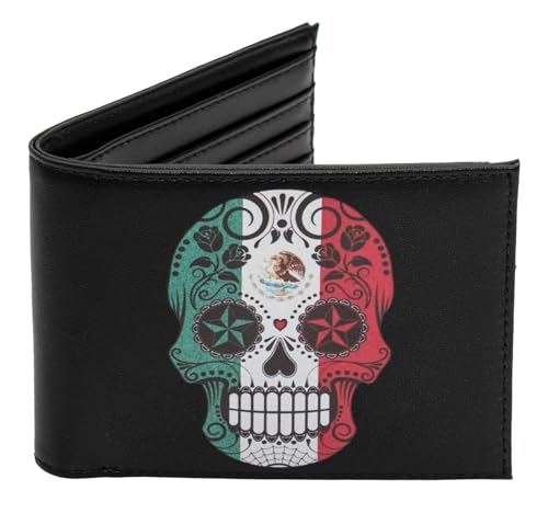 Mens Bifold Exotic Wallet Picture Mexican Flag skull with printed gift box