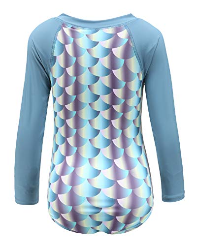 Girls Long Sleeve Rash Guard One Piece Swimsuits Zipper Front Bathing Suit Gray Green Fish Scales Sun Protection Size 8 #TOP1