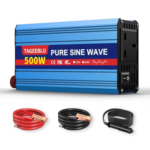 Pure Sine Wave Power Inverter 500w DC 24V to AC 240V Voltage Converter with 2 AC Outlets LCD Remote Control for Motorhomes Trucks Boats Camping 1000W Peak Power