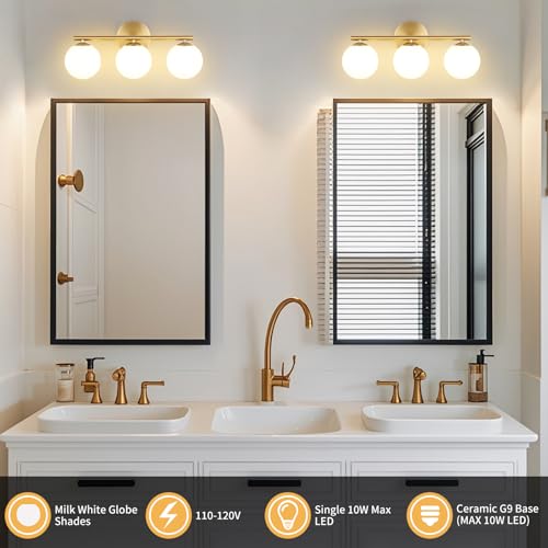 foucasal Black Globe Bathroom Light Fixtures 3-Light Vanity Light with Plastic Milk White Globe Shades 11.81 inch Wall Sconce Vanity Lights for Bathroom Bedroom Hallway (Brass Gold, 18.11, Inches) by foucasal - Image 7