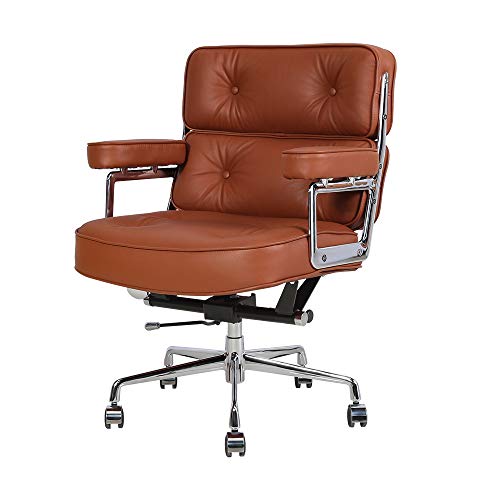 Adjustable Genuine Leather Office Chair with Lumbar Support Ergonomic Liftable Mid-Back Executive Chair Home Office Rolling Swivel Computer Desk Chair with Armrest and Casters– Light Brown