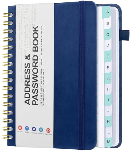 Rubrica per indirizzi e password con linguette alfabetiche, organizer per indirizzi con rilegatura a spirale, copertina rigida, rubrica telefonica, password, gestione password e indirizzi (12 x 14,5
