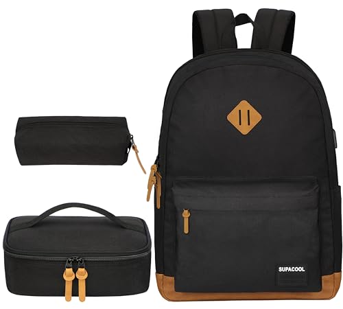 Image of SUPACOOL Casual Laptop Backpack, Lunch bag, Pencil bag, School backpack with USB Port for Men and Women, Bookbag for Boys and Girls, Backpack Set(3PCS Black)