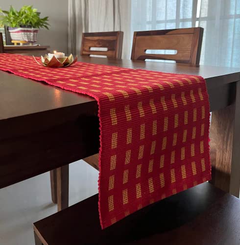 Image of Rangbhar Handloom Ribbed Cotton Table Runner for Living /Dining Room /Home Decor, Anti Skid, Reversible, Machine Washable, 12 X 72 inches, Striped, Red