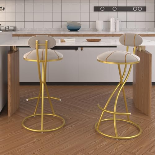 Set de 2 Butacos para Barra Calivox, Asiento Redondo de Terciopelo con Rayas, Estructura Dorada de Metal, Altura para Barra de Cocina miniatura 3