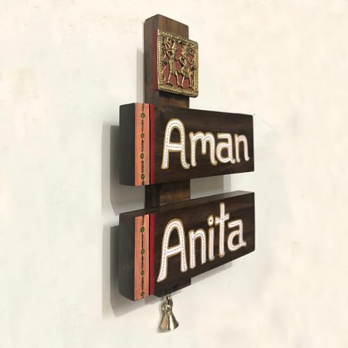 Image of AAKRITI ART CREATIONS Couple Stack Handcrafted Dhokra Brass Art Teak Wood Nameplate for Home Entrance | Traditional Name Plate for Home Entrance Outdoor | Wooden Name Plate | Name Plate for Office