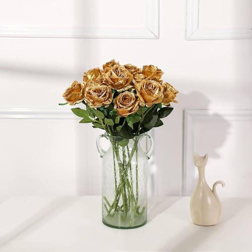 Gold Fake Roses Artificial Flowers - 10 Pcs Fake Artificial Roses Silk Flowers with Stems for Home Wedding Hotel Office Centerpiece Decor by FLORRALIA - Image 2