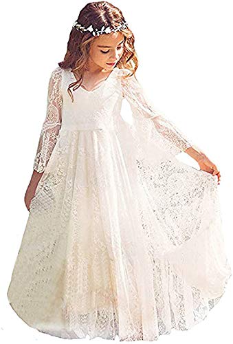 CQDY Flower White Girl Lace Dress Long Sleeves Children Baptism Dress First Communion Dress for 2-13T (12-13T)