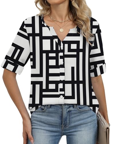 Image of OFEEFAN Button Down Shirts for Women 3 /4 Length Sleeve Tops V Neck Blouses Business Casual Outfits Loose Fit
