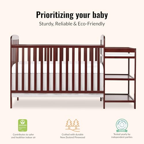 Image of Dream On Me Anna 3-in-1 Convertible Full-Size Baby Crib & Changer with Storage in Cherry, GreenGuard Gold & BSA, Pinewood, Converts to Day & Toddler Bed, 3 Mattress Heights, 1″ Changing Pad