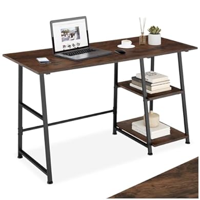 Foto di tectake® Scrivania Rustica Stile Industriale, Telaio in Acciaio Trapezoidale, Scrivania Salvaspazio, con 2 Scomparti, Piedi Regolabili in Altezza, 120 x 50 x 73,5 cm - Legno Industriale Scuro