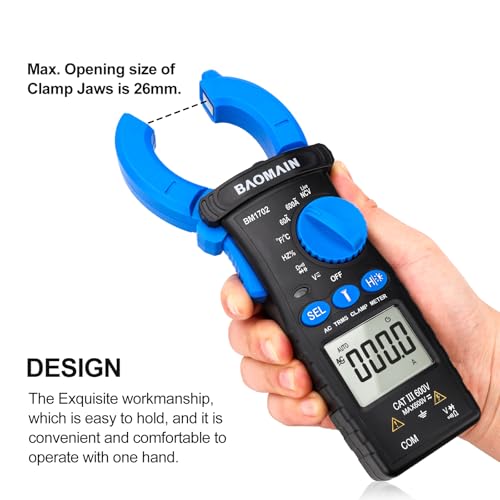 Baomain Digitales Zangenmessgerät, T-RMS 6000 Zähler Mehrzweck-Zangenmessgerät für 60A/600A AC Strom, AC/DC Spannung, Temperatur, Diode, Widerstand, Kapazität, Durchgangsprüfung, NCV, Frequenz