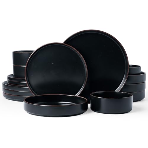 Image of Famiware Nebula Ridge Stoneware Dinnerware Sets with Pasta Bowls, Plates and Bowls Sets, Service for 4 (16 Pieces), Microwave and Dishwasher Safe Kitchen Plates, Matte Black