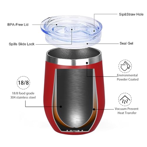Image of MEZMUT 12 Oz Insulated Wine Tumbler with Lid Double Wall Vacuum Stainless Steel Wine Glass Coffee Mug Insulated Tumbler Cup for Champaign, Cocktail, Beer (Red, 1 Pack)