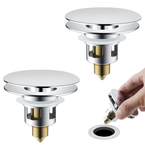 Image of Universal Bathroom Sink Drain Stopper Strainer, 2PCS, Chrome | 2 in 1 Pop Up Sink Stopper for 1.1''~2.36'' Sink Basin Hole, Hair Catcher with Removable Stainless Steel Filter Basket