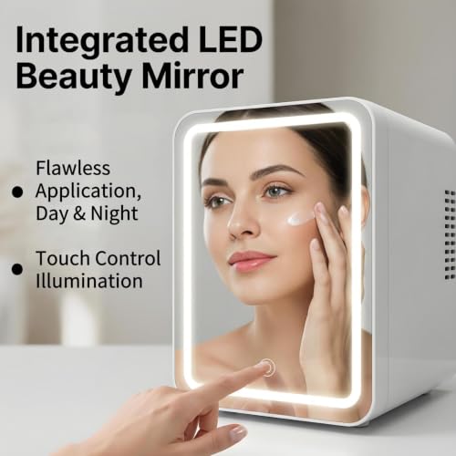 Lispin Mini Skincare Fridge, 4 Liter/6 Can Small Fridge with Dimmable LED Mirror, Cooler & Warmer Makeup Fridge for Skin Care, Cosmetics, Food,Drinks, Personal Refrigerator for Bedroom, Office, Car