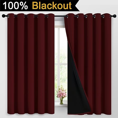 Image of Yakamok Burgundy Red Blackout Curtains 63 Inches Long for Bedroom 62 inch Wide | Blackout Curtain Panels for Bedroom, 2 Thick Layers Grommet Top Thermal Insulated Drapes with Black Liner for Living Room