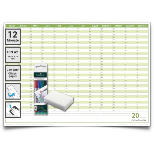 Kalenderoutlet Din A2 Abwischbarer Dauerkalender Geburtstagskalender immerwährender ewiger Kalender Jahresplaner Format: 59,4x42,0cm inkl. 4er Stifte-Set gerollt, jahresunabhängig, deutsche Sprache
