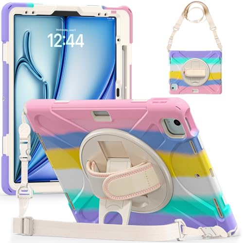 HUAUQAN Funda para iPad Air de 13 pulgadas M3 2025/Air 13 M2 2024, resistente a prueba de golpes, protección contra caídas con soporte para bolígrafo, funda protectora con correa de hombro para niños