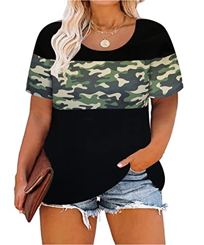 Image of CARCOS Plus Size Tops for Women Short Sleeve Summer Pullover Color Block Crewneck /V Neck Tee Tunic Loose Fit Tshirts XL-5XL