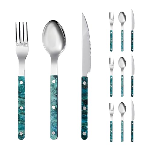 Acrylic Clamp Handle Kitchen Stainless Steel Silverware Tableware Flatware Cutlery Set Steak Knife Fork Spoon Teaspoon (Green,12 pieces)