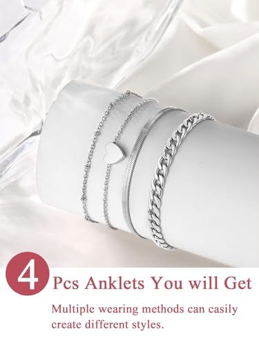 Image of FOCALOOK Anklet Bracelets Set for Women, 14K Gold Plated Waterproof Cuban Link Chain Layered Anklets Set for Plus Size Ankle 8-10.5 Inch Adjustable Summer Beach Jewelry Gift