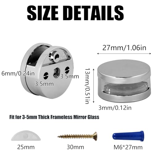 Image of Frameless Mirror Mounting Hardware Kit Zinc Alloy Mirror Holder Clips Round Shape Dual-Screw Fixing Mirror Glass Hanging Bracket with Screws and Anchors Fit for 3-5mm Thickness (Silver, Set of 4 )