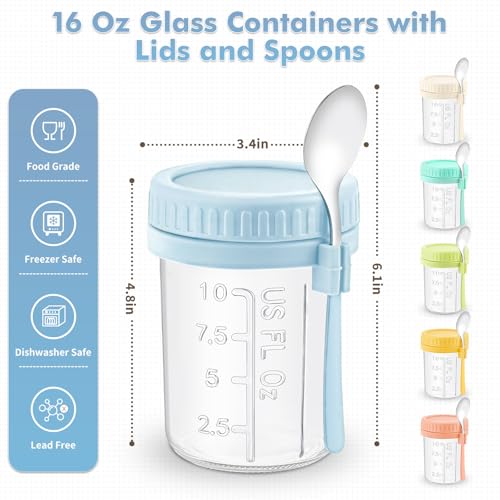Image of 16 Oz Glass Overnight Oats Containers with Lids and Spoon Chia Pudding Jars