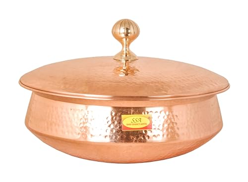 Shiv Shakti Arts Copper Lagan Handi with Lid Hammered Finish Round, Inside Tin Lining, Chemical Free for Benefits (5 Litre), Brown