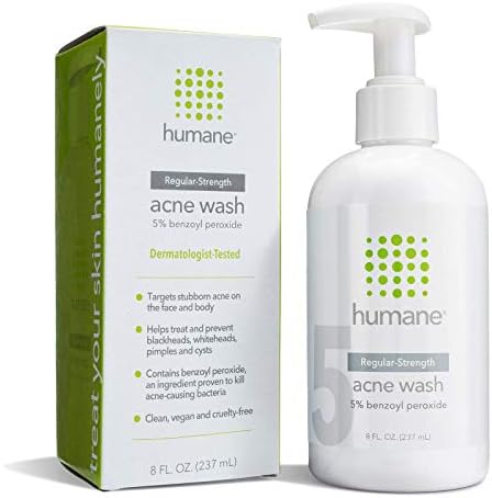 humane Regular-Strength Acne Wash - 5% Benzoyl Peroxide Acne Treatment for Face, Skin, Butt, Back and Body - 8 Fl Oz - Dermatologist-Tested Non-Foaming Cleanser - Vegan, Cruelty-Free