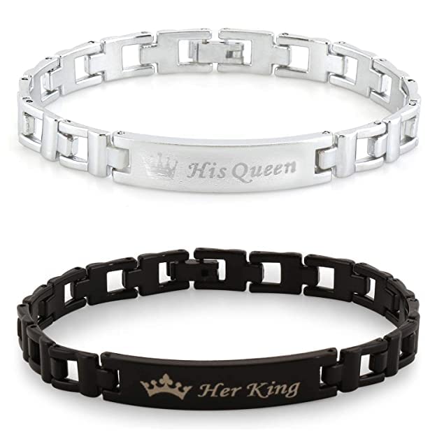 BEAUTIVIA His Queen & Her King Metal Couple Bracelet for Boys & Girls (SILVER BLACK) (B0B4D6WX5M) Amazon Price History, Amazon Price Tracker