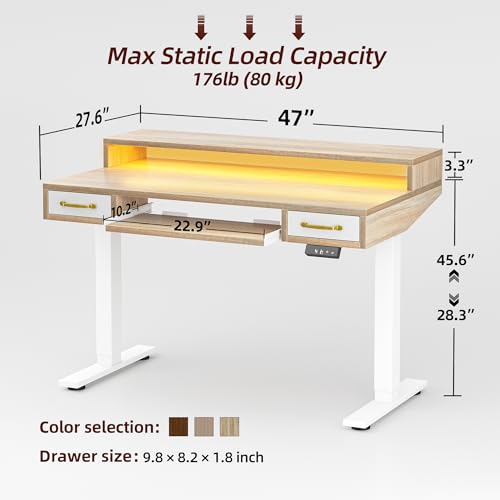Image of TIQLAB Standing Desk with Two Drawers, Stand Up Standing Desk Adjustable Height, Electric Sit Stand Table with Storage Shelf and Splice Board, with LED Light, 47 * 28 inch, Maple