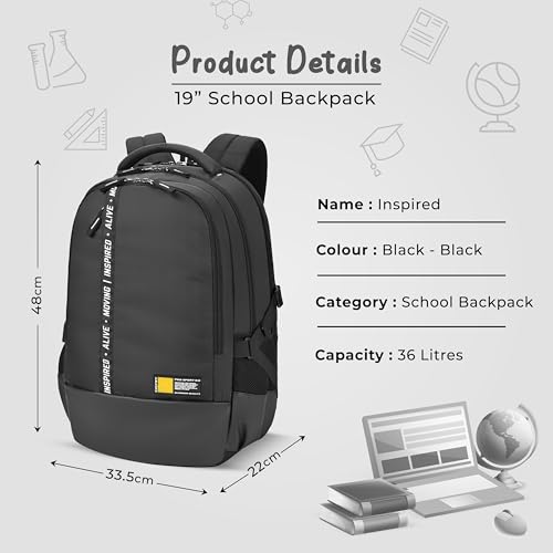 Image of Gear Inspired 19 inch /36L Large Water Resistant School Bag | Casual Backpack | Daypack | Travel Backpack | Kids Bag for Boys /Girls (Black - Black)