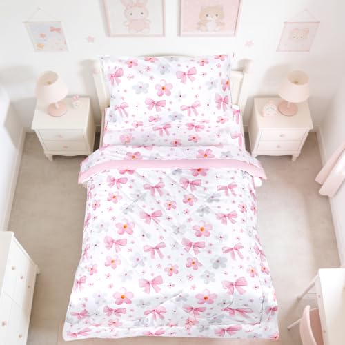 Image of Hooyax Toddler Bedding Set for Girls - 4 Piece Bow Toddler Comforter Set Includes Fitted Sheet, Comforter, Pillowcase & Flat Sheet - Soft Comfort Microfiber for All Seasons