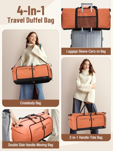 Image of Lekesky Foldable Travel Duffel Bag for Women, 80L Large Duffle Bag with Separate Shoes Compartments & Straps, Carry On Weekend Bag for Women, Hospital, Overnight(Orange)
