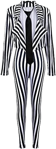 SATINIOR Women's Black White Vertical Striped Kit Include Blazer Length Pant with Tie (M), Black and White, Medium