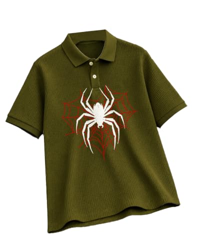 Image of AUSK Men's Spider Graphic Printed Polo T-Shirt | Cotton Blend Textured Regular Fit Half Sleeve Zip Polo Neck Casual T-Shirt for Men