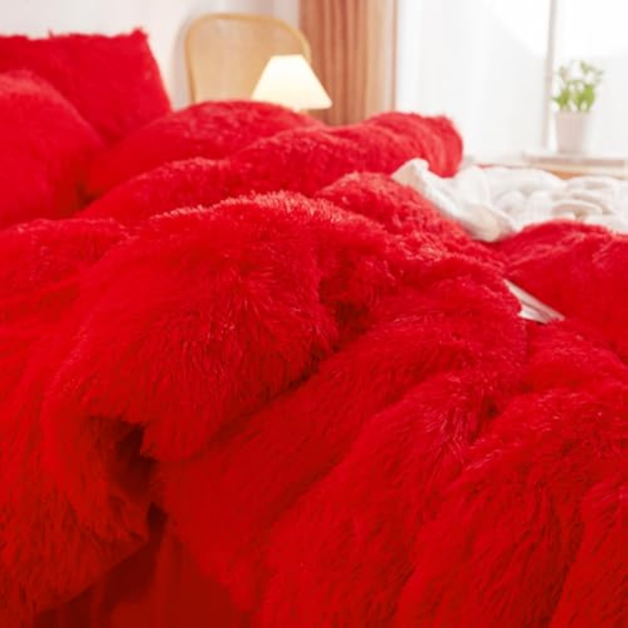 Fluffy Red Comforter Cover Set Queen, Faux Fur Bedding