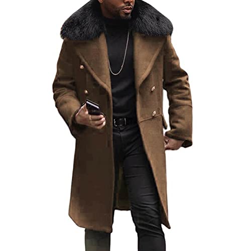 huayuwy Trench-Coat Chaud d'hiver pour Hommes avec col en Fausse Fourrure Amovible, Manteau Long élégant à Double Boutonnage Pardessus d'affaires Long Caban Cover