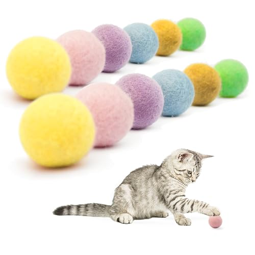 APKOL 12 Pcs Giochi per Gatti, Palline di Feltro per Gatti, Palline Feltro di Lana, Giocattoli per gatti in lana, Gioco Gatto,Giochi Gatti,Silenzio Giochi Gatto Interattivi (6 Colori, 3cm)