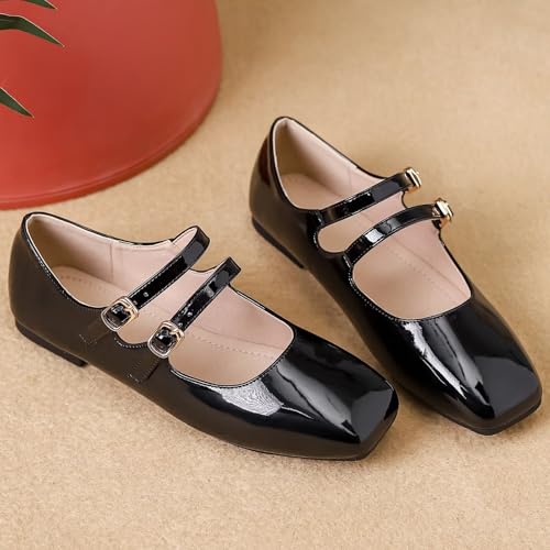 WENJIAZHIZHI Women's Square Toe Ballet Flats Classy Double Buckle Double Buckle Patent Leather Mary Janes Dual Straps Dressy Shoes2