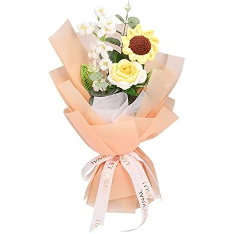 YIDADA Rose Sunflower Crochet Flower Bouquet - Handmade Knitted Bouquet, Artificial Rose Sunflower Daisy Bouquet Decor, Delicate and Cute Crochet Flowers for Party, Table Centerpieces Cover