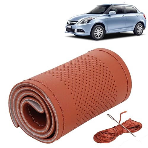 Image of KINGSWAY PU Leatherite Car Steering Cover Sewable Compatible with Maruti Suzuki Swift Dzire (Year 2012-2017), Tan Color with Tan Thread, Pack of 1 with Sewing Needle and Thread