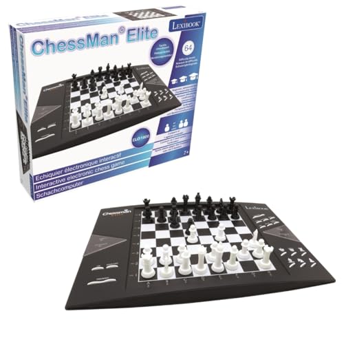 Lexibook Chessman® Elite Echiquier Electronique Interactif, 64 Niveaux de difficulté, diodes Lumineuses, à Piles ou Adaptateur 9V, Noir/Blanc, CG1300