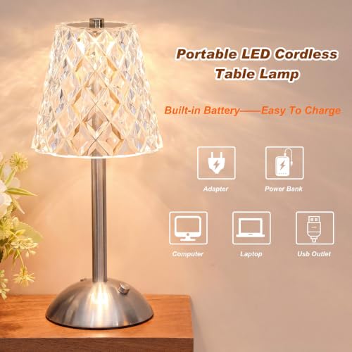 Image of Liliful 2 Pcs Cordless Table Lamp Rechargeable Touch LED Small Gold Portable Battery Operated USB-c Desk Lamp 3 Color Dimmable for Bedroom Living Room Dining (Silver,Diamond Style)